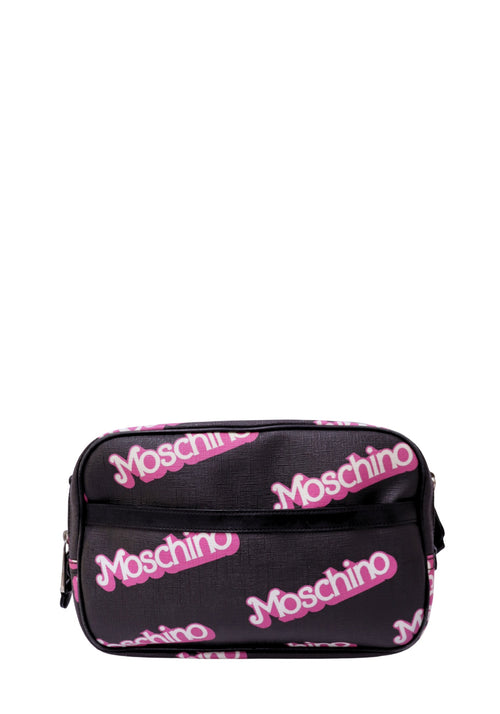 Authentic Moschino black logo print crossbody bag with pink all-over branding, silver-tone hardware, and adjustable shoulder strap.