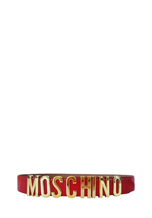 Moschino red leather belt with large gold logo letters buckle