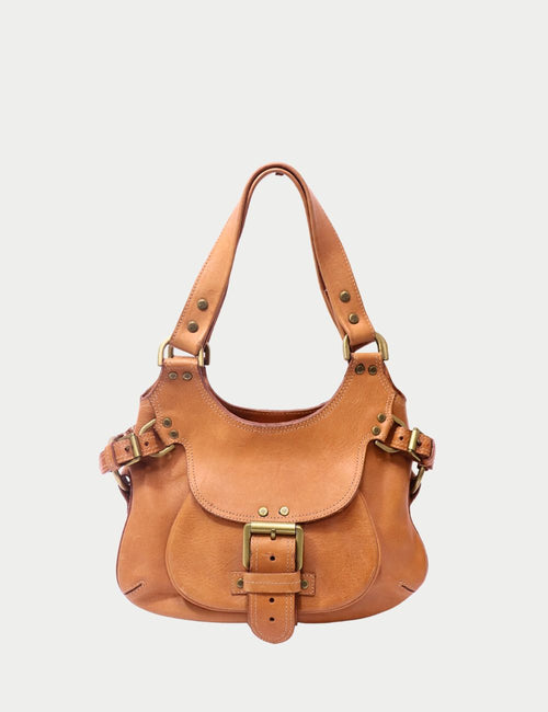 Mulberry camel leather shoulder bag with buckle detail and dual handles