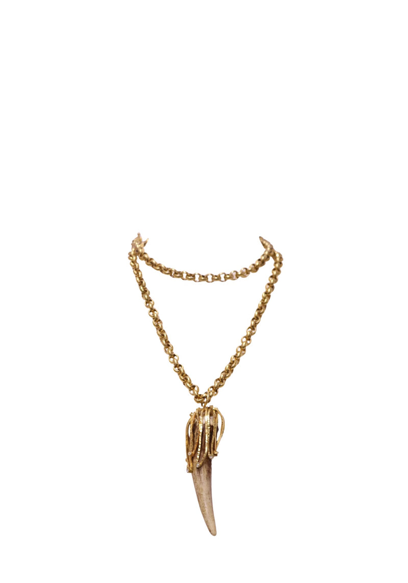 Roberto Cavalli gold-tone statement necklace featuring a rounded link chain, curved brown horn-shaped pendant, sculptural gold-tone claw setting and lobster-style clasp