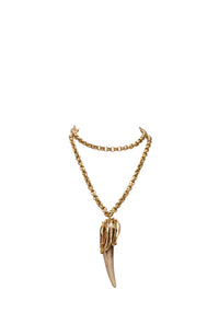 Roberto Cavalli gold-tone statement necklace featuring a rounded link chain, curved brown horn-shaped pendant, sculptural gold-tone claw setting and lobster-style clasp