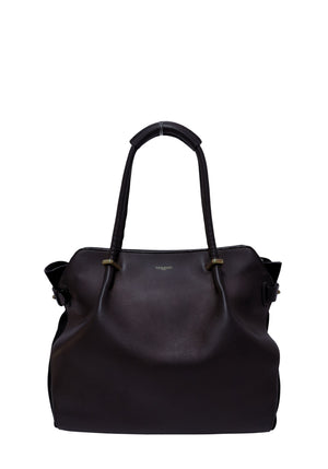 Authentic Nina Ricci black leather tote shoulder bag with dual leather handles, gold-tone hardware, and a spacious minimalist design.