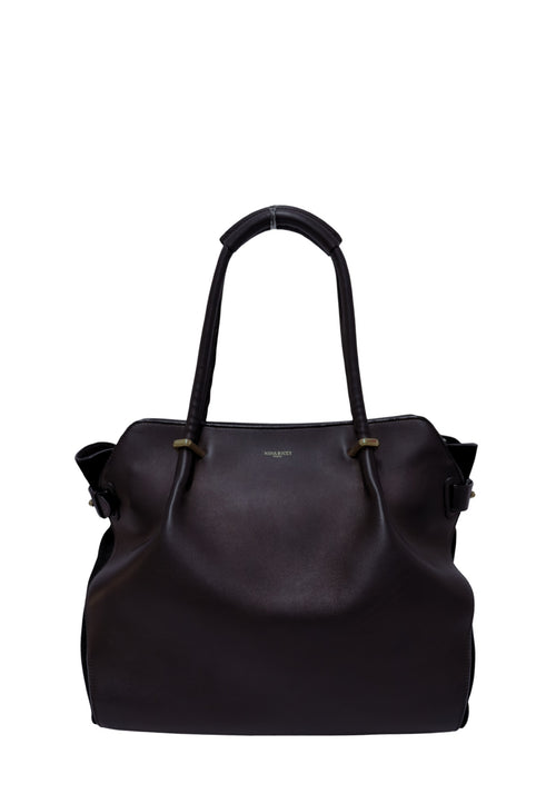 Authentic Nina Ricci black leather tote shoulder bag with dual leather handles, gold-tone hardware, and a spacious minimalist design.