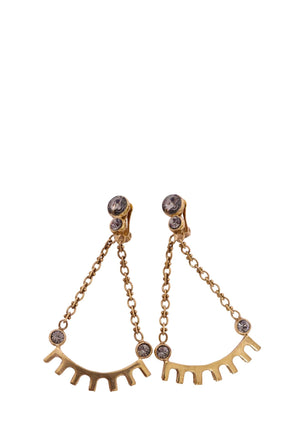 Gold-tone chain drop statement earrings with smoky crystal embellishments and curved geometric design