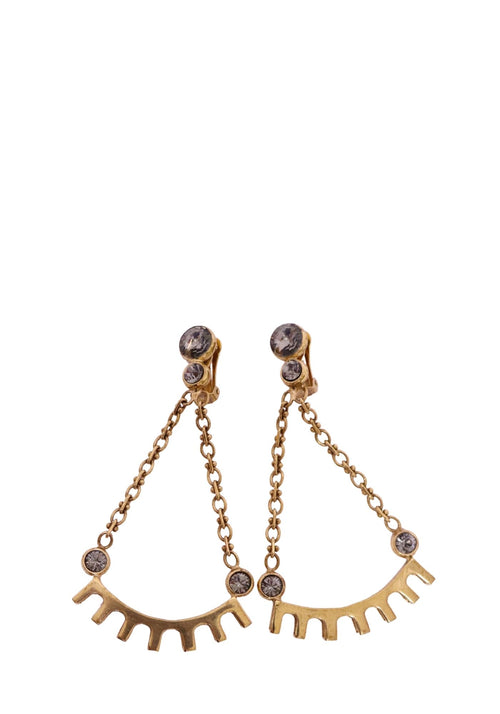 Gold-tone chain drop statement earrings with smoky crystal embellishments and curved geometric design