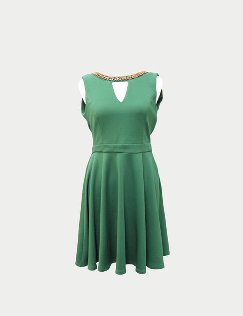 OXOX Green Sleeveless Fit-and-Flare Dress with Gold Embellished Neckline and Keyhole Cutout