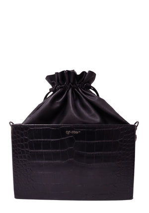 Off-White black croc-embossed leather shoulder bag with drawstring pouch and logo strap
