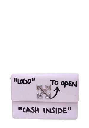 Off-White Jitney ivory leather bag with black quote graphics and silver Arrow logo