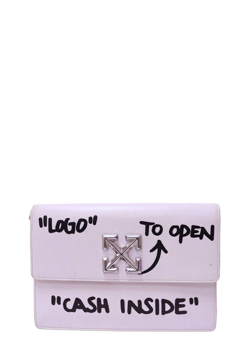 Off-White Jitney ivory leather bag with black quote graphics and silver Arrow logo