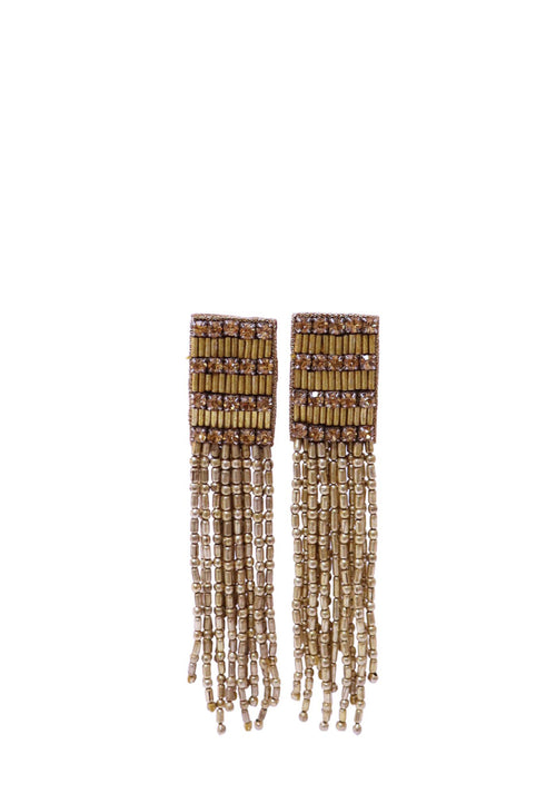 Authentic Oscar de la Renta gold beaded fringe clip-on earrings with crystal embellishments.