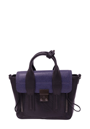 3.1 Phillip Lim Mini Pashli black leather satchel bag with purple textured flap, silver-tone push-lock, double top handles and shoulder strap