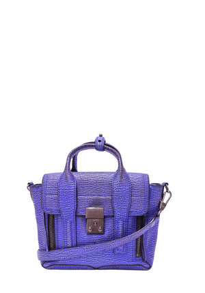 3.1 Phillip Lim Pashli Mini Satchel in metallic blue textured leather with front zips, top handles and shoulder strap