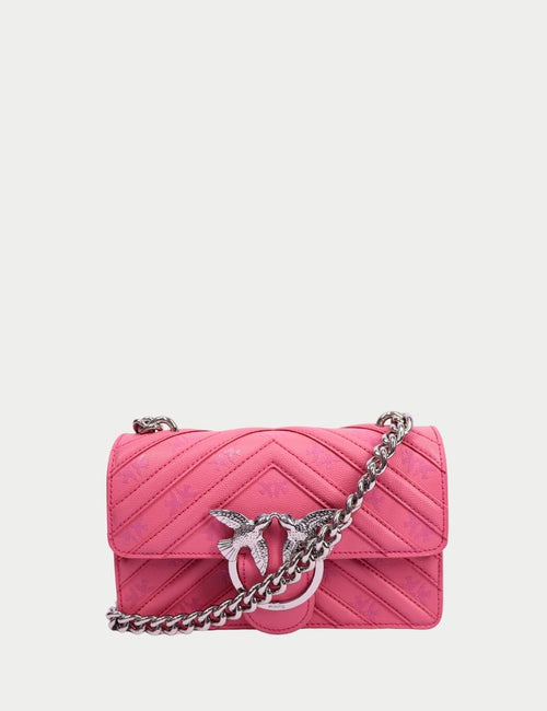 Pink Pinko Love Mini crossbody bag in pink leather with silver Love Birds buckle and chain strap