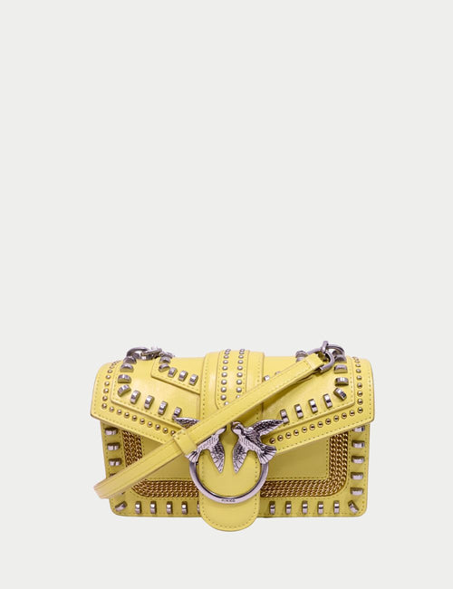 Pinko Love Studded Shoulder Bag in Yellow Leather with Silver Love Birds Buckle