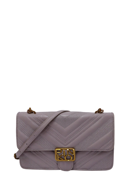 Pinko Love Classic shoulder bag in grey chevron quilted leather with antique gold-tone Love Birds buckle, adjustable leather strap, and flap closure