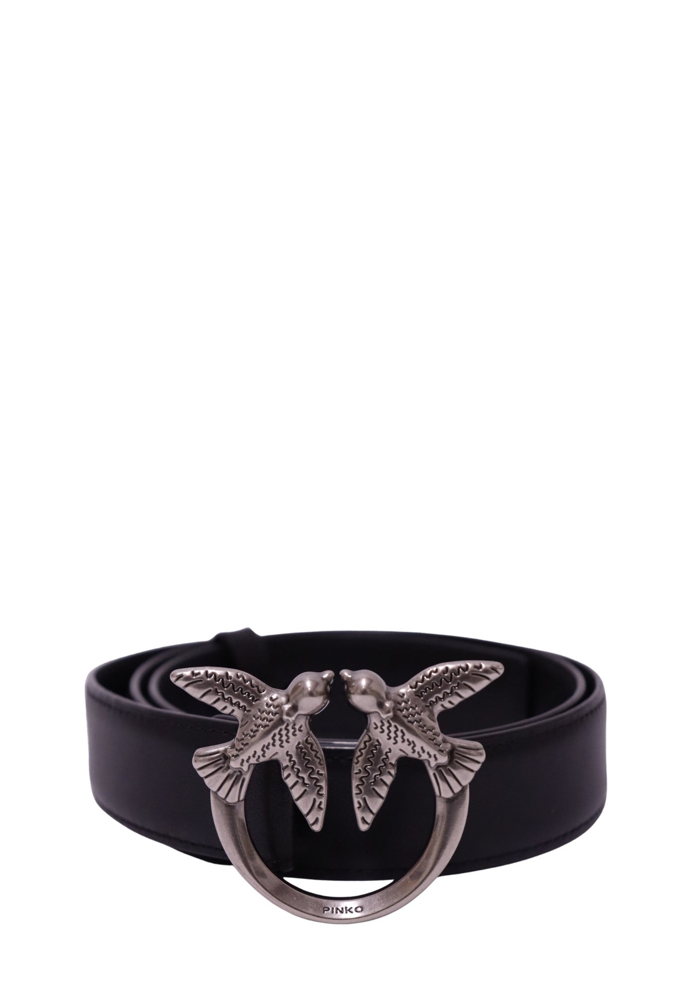 Pinko Black Leather Love Birds Buckle Belt