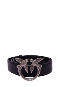 Pinko black leather belt featuring the signature antique silver-tone Love Birds circular buckle with two engraved birds facing each other and PINKO branding.
