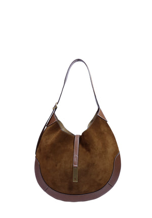 Polo Ralph Lauren brown suede hobo shoulder bag with smooth leather trim, adjustable shoulder strap, and signature gold-tone logo plaque.