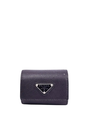 Prada black Saffiano leather AirPods case with silver clip and logo plaque