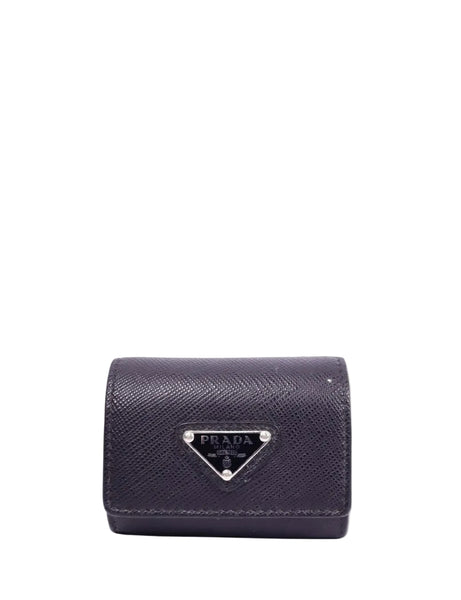 Prada black Saffiano leather AirPods case with silver clip and logo plaque