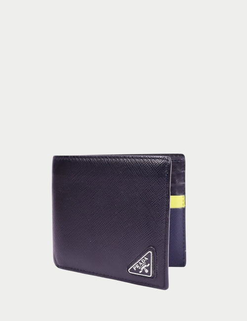 Prada black Saffiano leather bifold wallet with triangle logo plaque