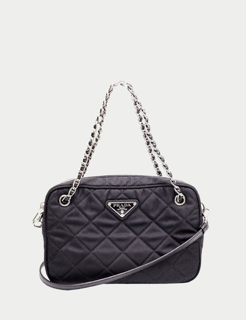 Prada quilted black nylon chain shoulder bag with triangle logo