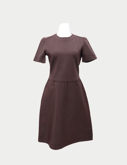 Prada brown short-sleeve A-line dress with fitted bodice and crew neckline