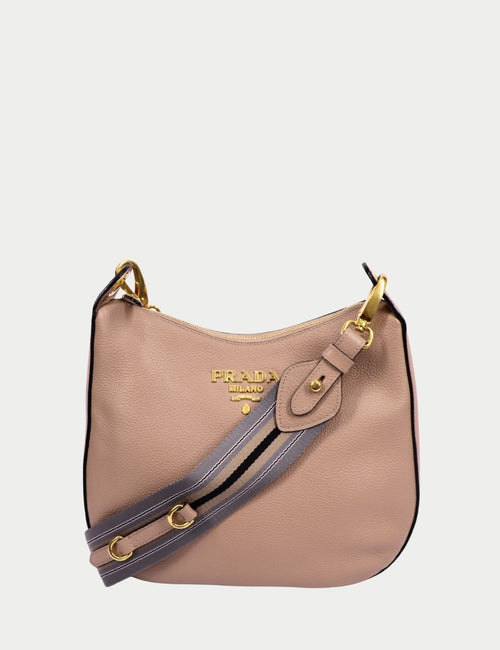 Prada beige leather hobo bag with gold logo and striped strap