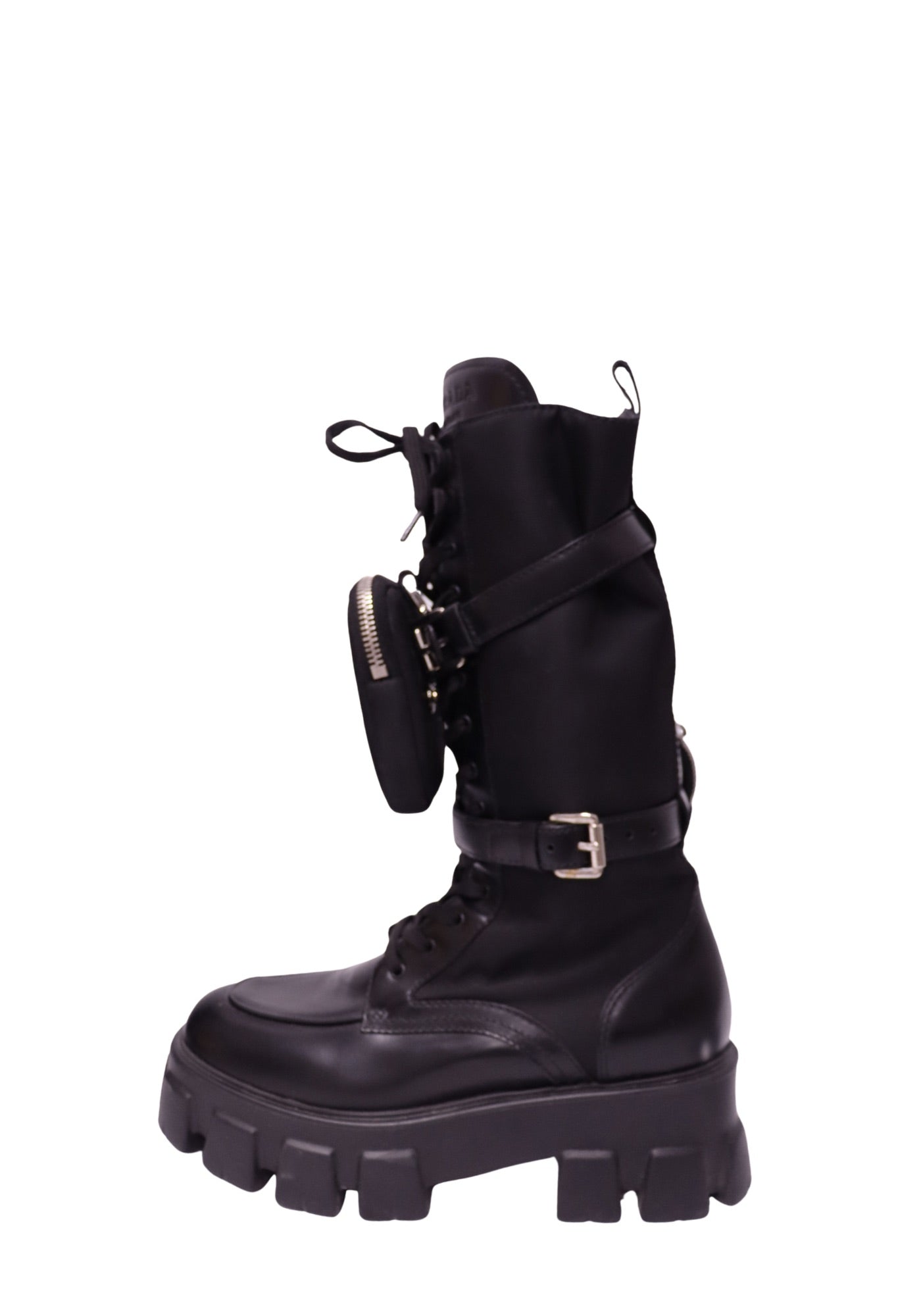 Prada Black Leather Monolith Platform Combat Boots with Detachable Nylon Pouch