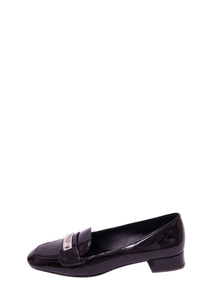 Prada black patent leather logo loafers with low block heel