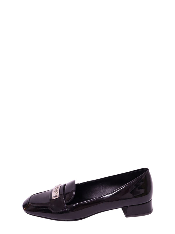Prada black patent leather logo loafers with low block heel