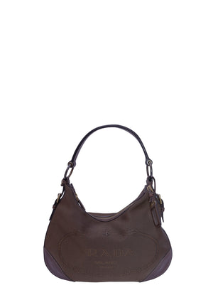 Prada brown canvas shoulder bag with leather trim, embroidered Prada Milano logo, gold-tone hardware, zip-top closure, and a comfortable leather shoulder strap.