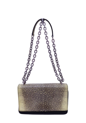 Prada yellow and black lizard-effect textured leather flap shoulder bag with silver-tone double chain straps