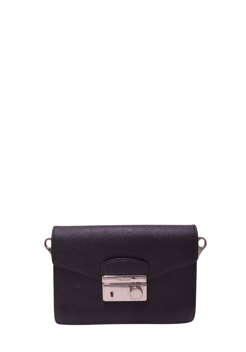 Prada black Saffiano leather structured flap bag with envelope front and silver-tone Prada push-lock closure