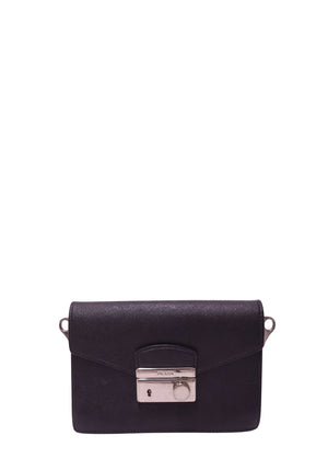 Prada black Saffiano leather structured flap bag with envelope front and silver-tone Prada push-lock closure