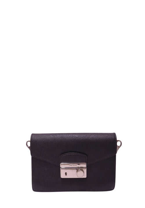 Prada black Saffiano leather structured flap bag with envelope front and silver-tone Prada push-lock closure