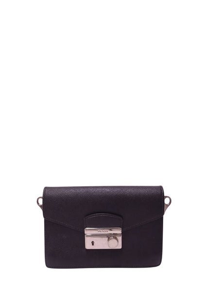 Prada black Saffiano leather structured flap bag with envelope front and silver-tone Prada push-lock closure