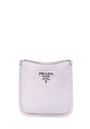 Prada off-white pebbled leather crossbody bag with black and white woven Prada logo shoulder strap and silver-tone hardware