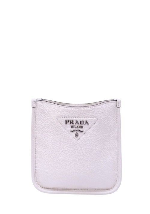 Prada off-white pebbled leather crossbody bag with black and white woven Prada logo shoulder strap and silver-tone hardware