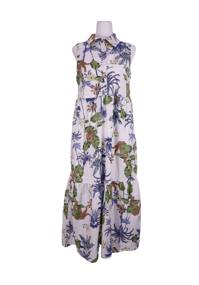 Rachel Zoe tropical print sleeveless midi dress with collared neckline and flowy skirt 