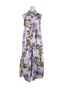 Rachel Zoe tropical print sleeveless midi dress with collared neckline and flowy skirt 
