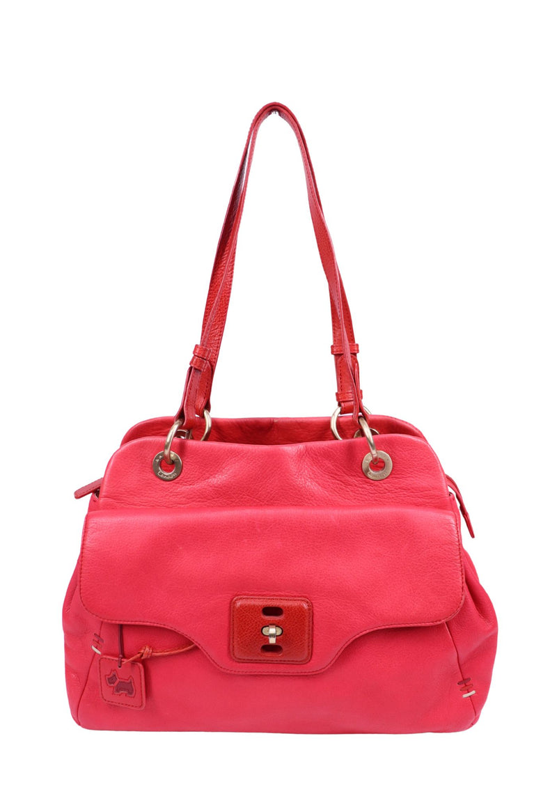Radley London red leather shoulder bag with dual shoulder straps, buckle detail, and signature Scottie dog charm