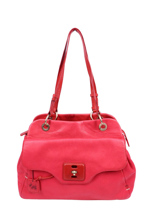 Radley London red leather shoulder bag with dual shoulder straps, buckle detail, and signature Scottie dog charm