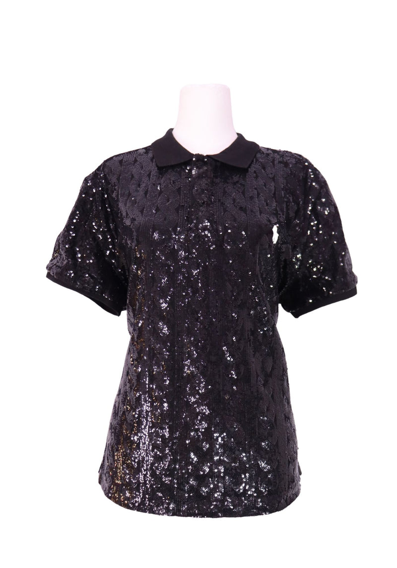 Ralph Lauren black sequin embellished polo top with short sleeves and classic collar detailing.