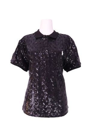 Ralph Lauren black sequin embellished polo top with short sleeves and classic collar detailing.