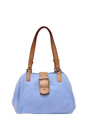 Lauren Ralph Lauren light blue canvas shoulder bag with tan leather straps and front buckle detail.