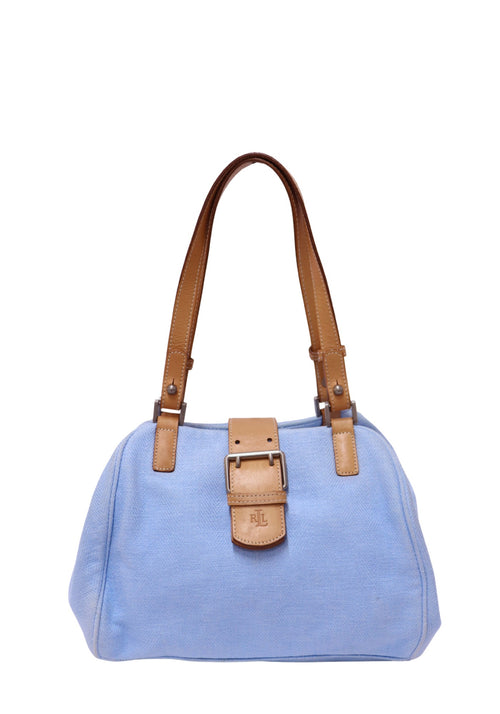 Lauren Ralph Lauren light blue canvas shoulder bag with tan leather straps and front buckle detail.