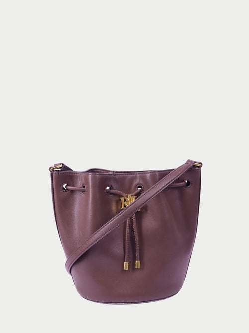 Ralph Lauren brown leather bucket bag with drawstring closure and gold RL logo