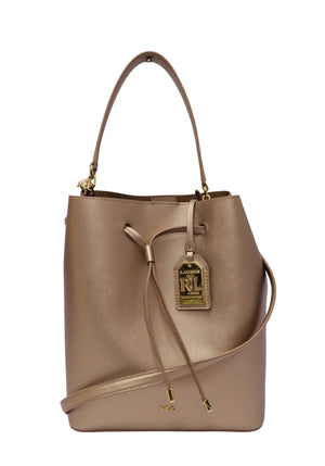 Authentic Lauren Ralph Lauren Debby metallic taupe leather bucket bag with gold-tone hardware, signature RL luggage tag, drawstring closure, and detachable shoulder strap.
