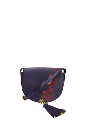 Lauren by Ralph Lauren navy leather saddle crossbody bag with oversized red floral print and adjustable shoulder strap.